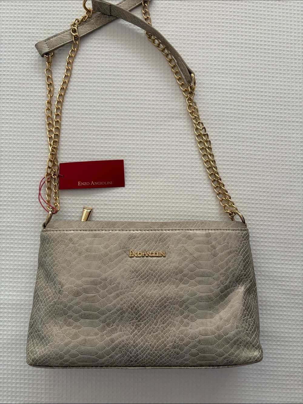 Enzo Angiolini Metallic Taupe Snake-Embossed Crossbody with Gold Chain